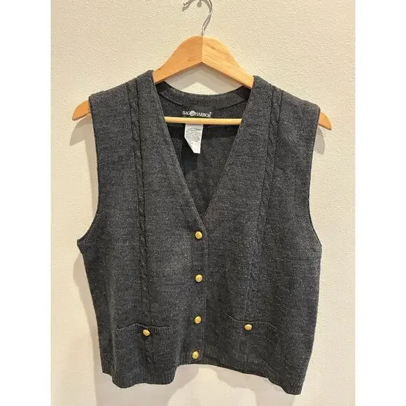 Vintage Sag Harbour dark grey gold button v neck sweater vest sz M-L - Picture 4 of 8